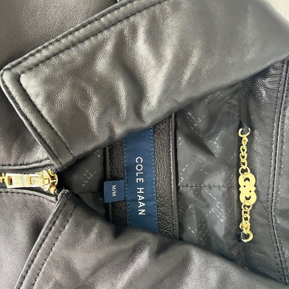 Cole Haan black lambskin leather moto jacket with gold-toned hardware - Picture 2 of 15